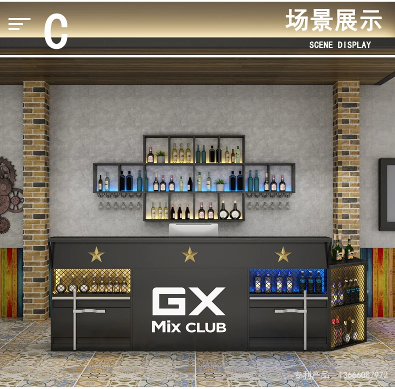 Bar Restaurant Bar Counter Wall Wine Cabinet Display Cabinet Against the Wall Luminous Simple Creative Mounted Shelf