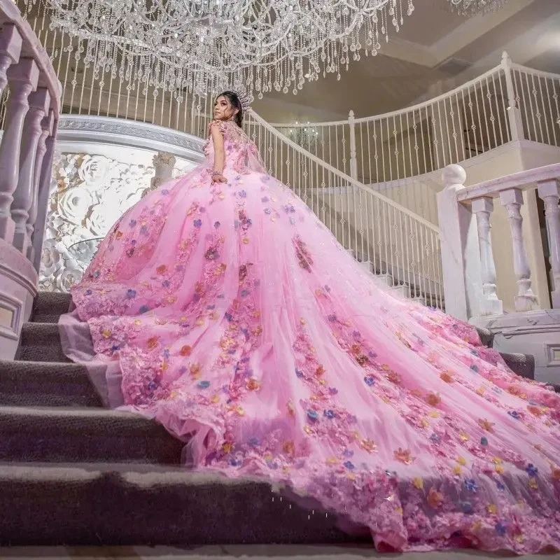 Pink Princess Quinceanera Dresses Ball Gown Off The Shoulder Tulle Appliques Floral Sweet 16 Dresses 15 A&ntilde;os Mexican Customized