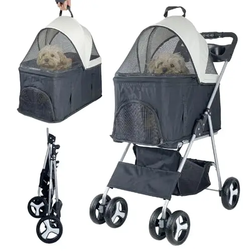 

Складная прогулочная коляска 3 в 1 для средних собак до 33 фунтов, многофункциональная и легкая прогулочная коляска для собак со съемной переноской