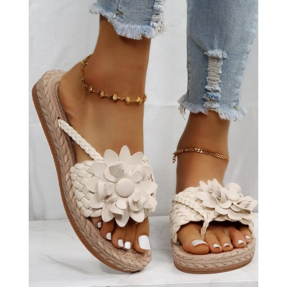 Fashion Women Beach Flip Flops Lady Summer Casual Going Out Braided Floral Pattern Toe Post Design Sandals Beach Shoes Party