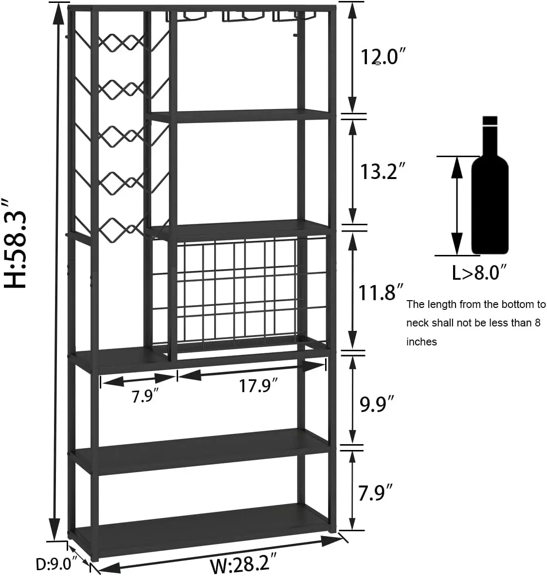 Tall Wine Bar Cabinet, 5 Tier Industrial Liquor Cabinet with Glass Holder and Wine Storage, Farmhouse Metal Coffee Bar Cabinet