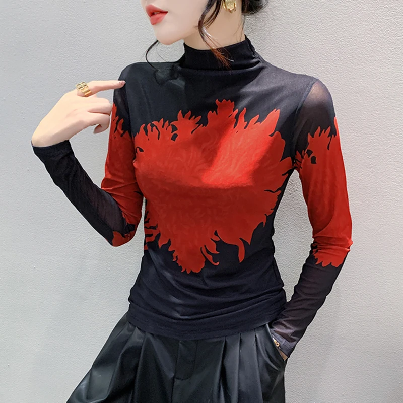 

#8835 Black Turtleneck T Shirt Women Sexy Vintage Skinny Mesh Stretch Office Tshirt Ladies Long Sleeve Thin Streetwear T-shirt
