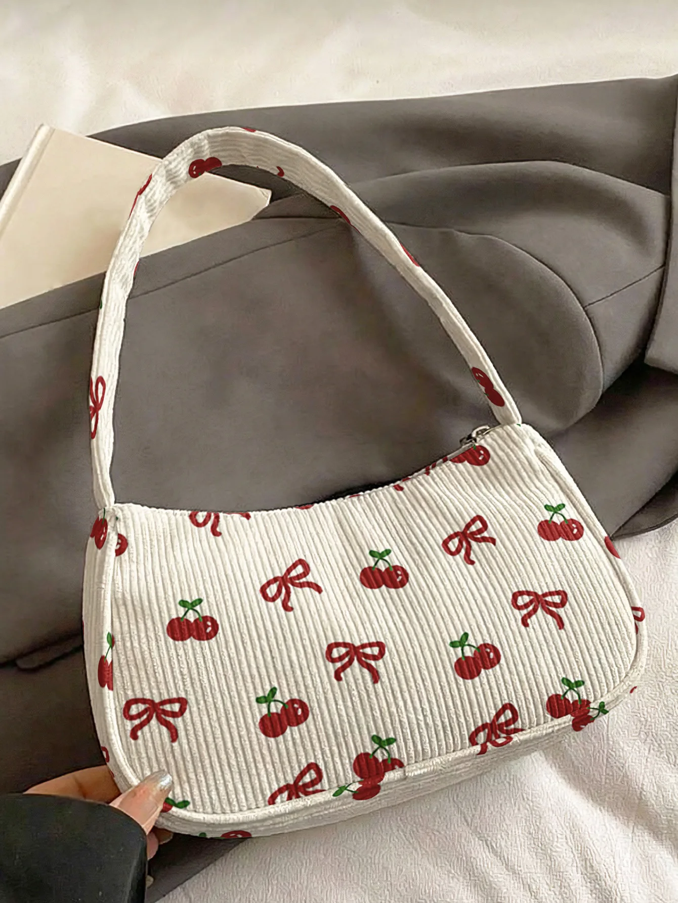 Cherry & Bow Print Beige Corduroy Shoulder Bag - Image 5