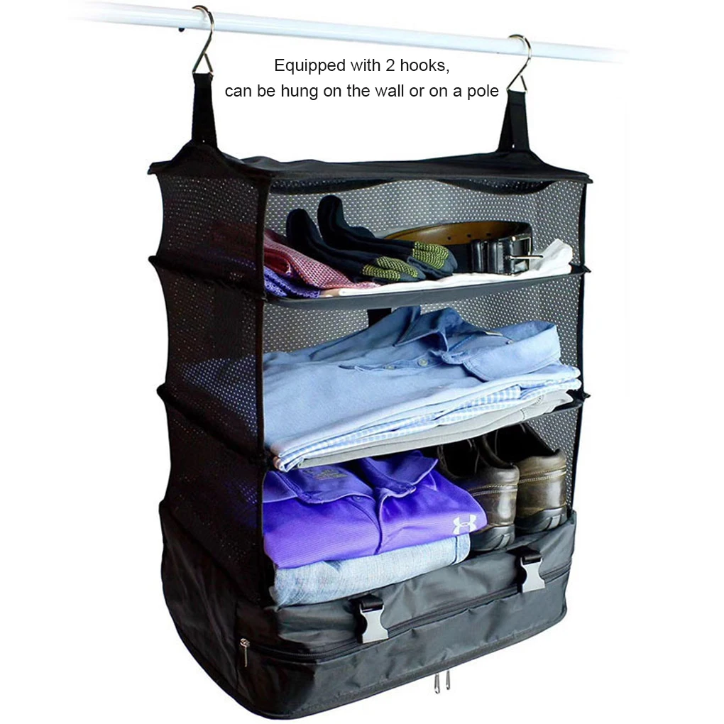 Outdoor Storage Mesh Bag Foldable 3 Layers Door 2 Hooks Zipper Pocket Hanging Picnic Barbecue Travel Camping Towel Package