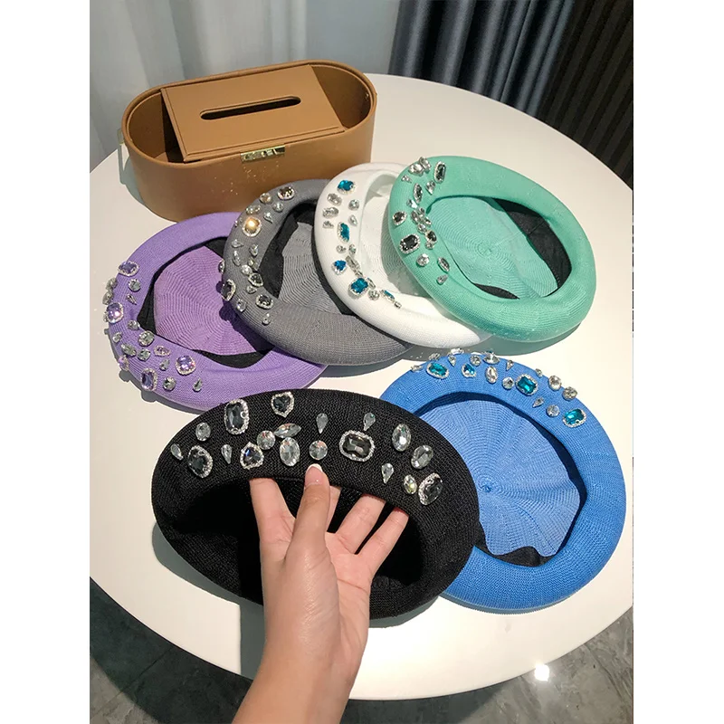 인스타그램 여성용 모조 다이아몬드 베레모, 얇은 통기성 화가 모자, 수제 모조 다이아몬드, 다용도 호박, 새로운 패션, 여름