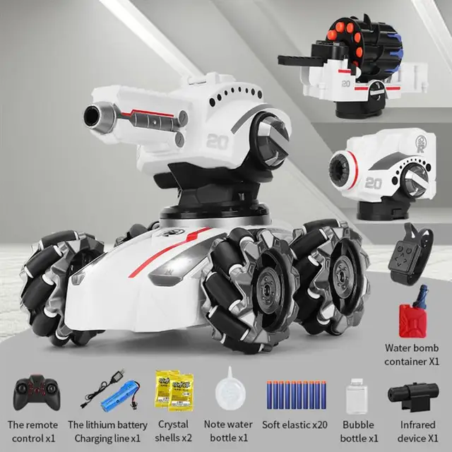 RC Tank Car 3 in 1 4WD Remote Control Tank 3 Heads 360° Rotation Drift Shooting Water Bullets Bubble Soft Bullets Spraying Fog