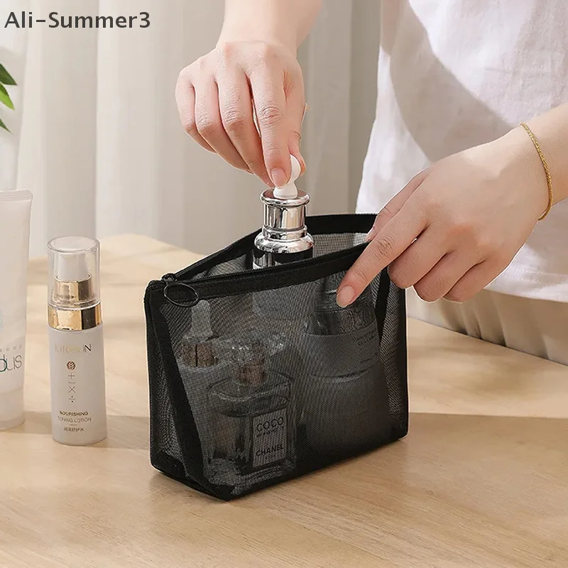 Black Mesh Clear Cosmetic Bags Set - Portable Travel Makeup and Toiletry Organizer with Lipstick Storage Pouch
