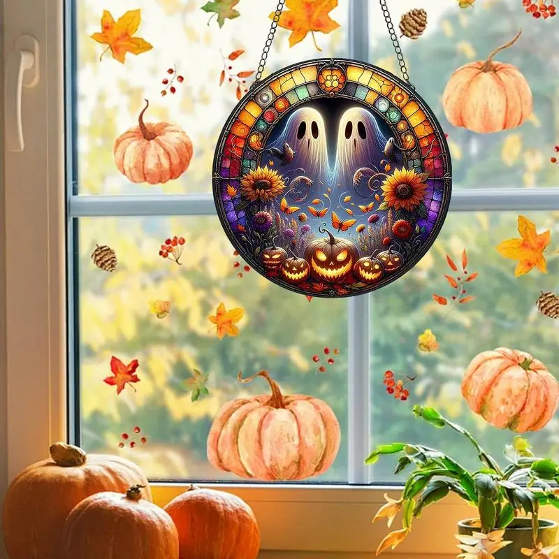 Halloween Sun Catcher Pumpkin Ghost Wall Pendant Ornament Holiday Home Decoration Hangable Ornament Wall Decor Stained Acrylic