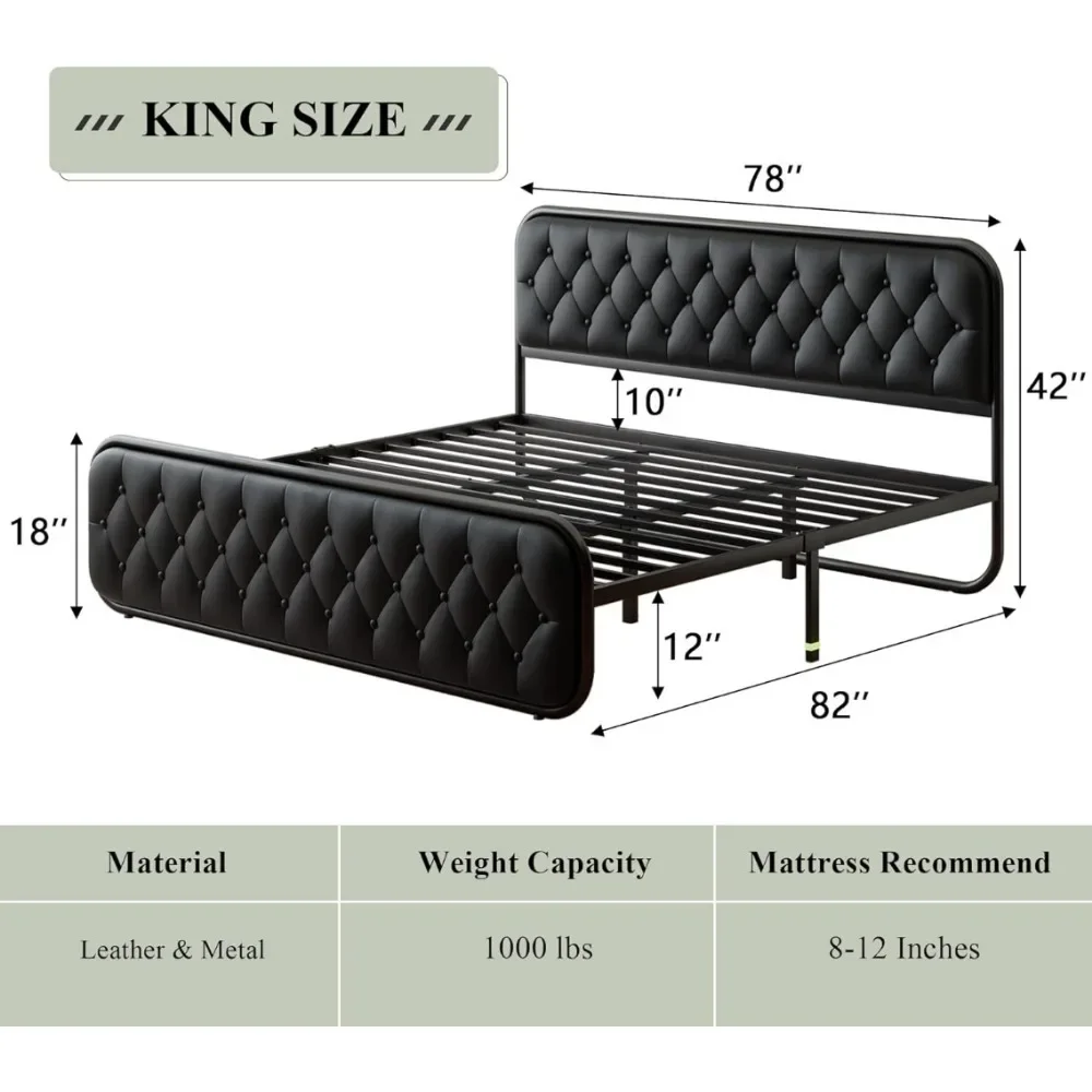 Bed Frame King Size Bed Frame Heavy Duty Bed Frame With Faux Leather Headboard 12" Under-Bed Storage