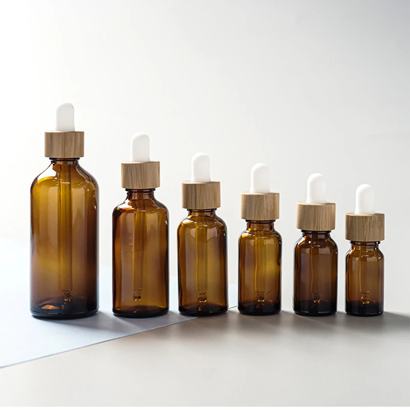 Wholesale 5ml-100ml Dropper Bottle Bamboo Wood Lid Brown Glass Separate Bottle Transparent Mask Skin Care Essence Oil Bottle