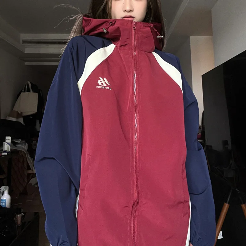 American Street Vintage Spring New Outdoor Couple Charge Coat Zipper Drawstring Pocket Hooded Colorblock Coat Sports Jacket Top saint michael american tide brand embroidery clf letter destruction sweater casual couple loose high street oversized sweater