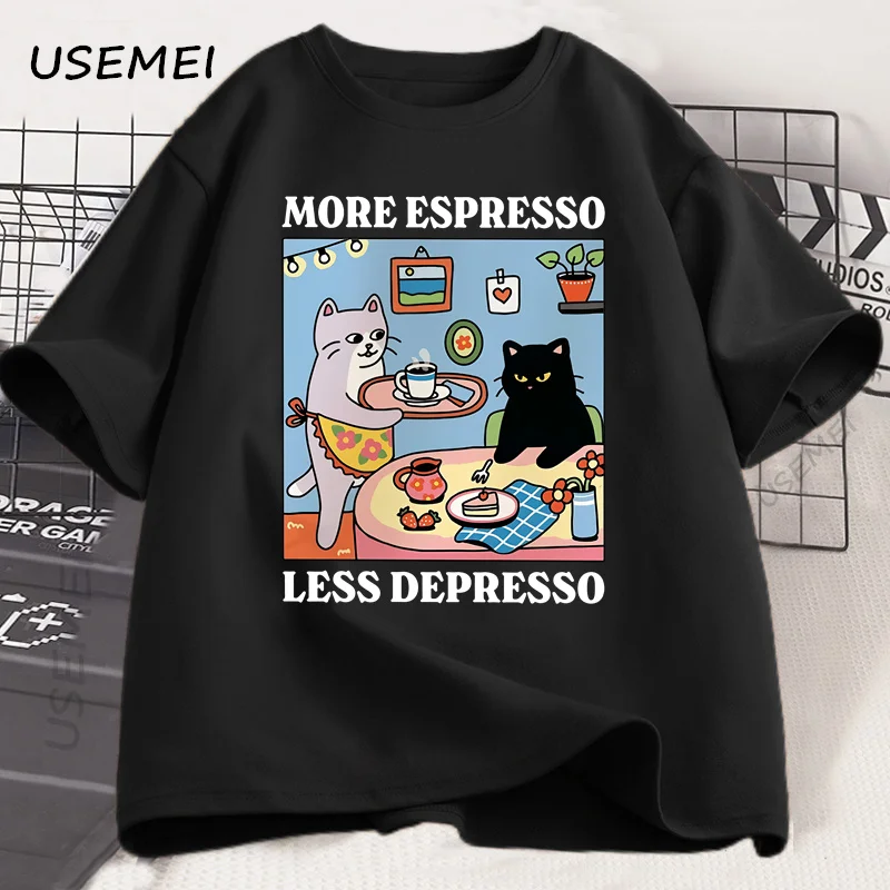 더 많은 에스프레소 덜 Depresso 검은 고양이 티셔츠 남성 여성 재미 있은 커피 고양이 T 셔츠 캐주얼 여름 코튼 반팔 티셔츠 탑스