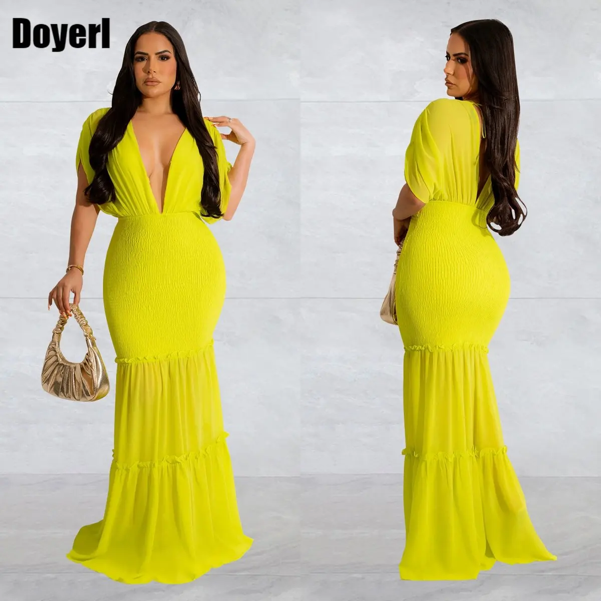 

Женское длинное облегающее платье макси, привлекательное облегающее элегантное вечернее платье с V-образным вырезом, оборками и глубоким V-образным вырезом, Роскошное дизайнерское платье для выпускного вечера, лето 2023