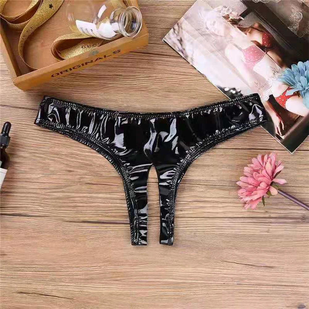 

G-string Thongs Women Open Crotch Briefs Patent Leather Sexy Hollow Out Panties Female Underwear Wet Look Underpants