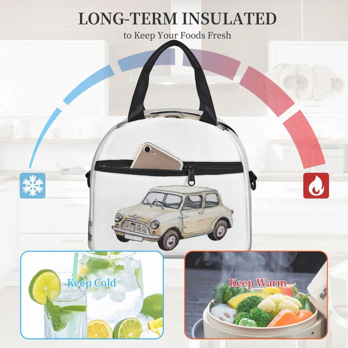 Classic White Mini Cooper In Watercolor Style Lunch Bags Bento Box Resuable Lunch Tote Picnic Bags Thermal Bag for Woman Work