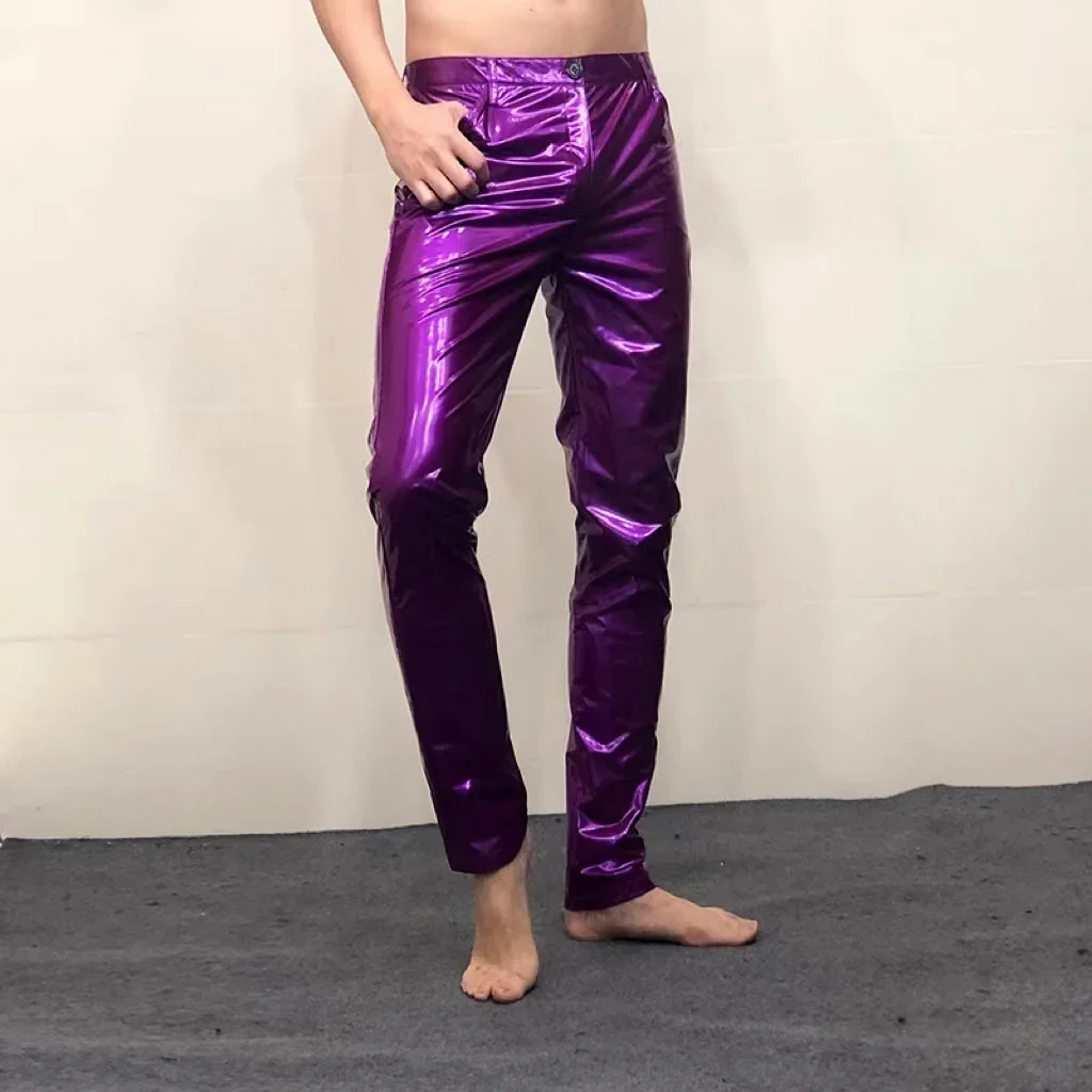 Description Picture 5 of itemShinny Leather Pants Sexy Nightclub Men's DS Costumes Anti-bright PU Pants Purple Tight Stretch Trousers Men Motorcycle Pants