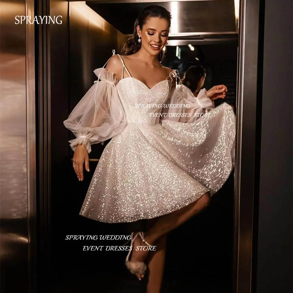 SPRAYING Simple Sweetheart Puff Sleeve Prom Dress Organza A-line Mini Short Party Dress Sparkly Corset Back Formal Evening