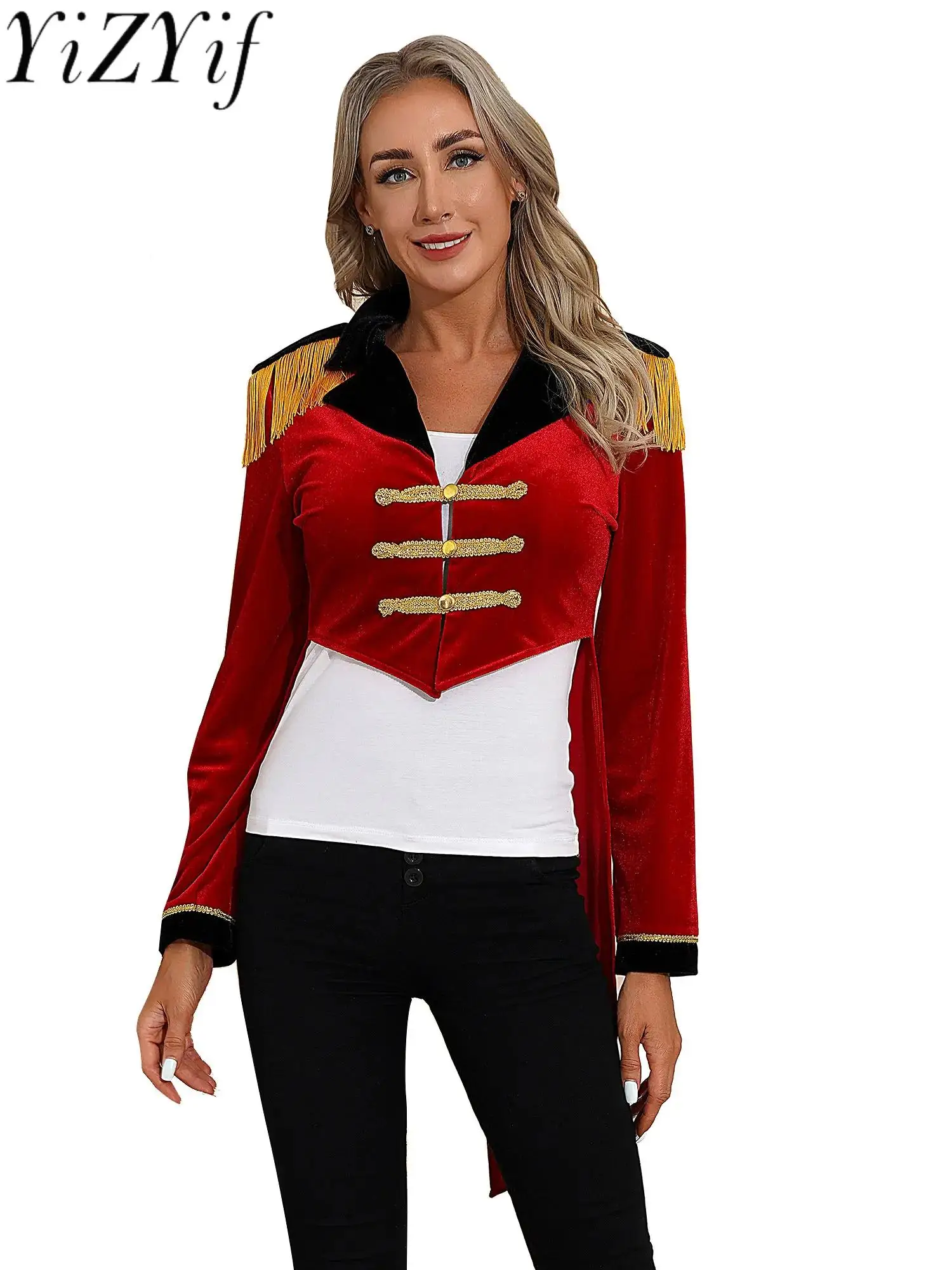 

Womens Circus Ringmaster Costume Halloween Theme Party Cosplay Outfit Stand Collar Fringed Shoulder Board Velvet Jacket Coat