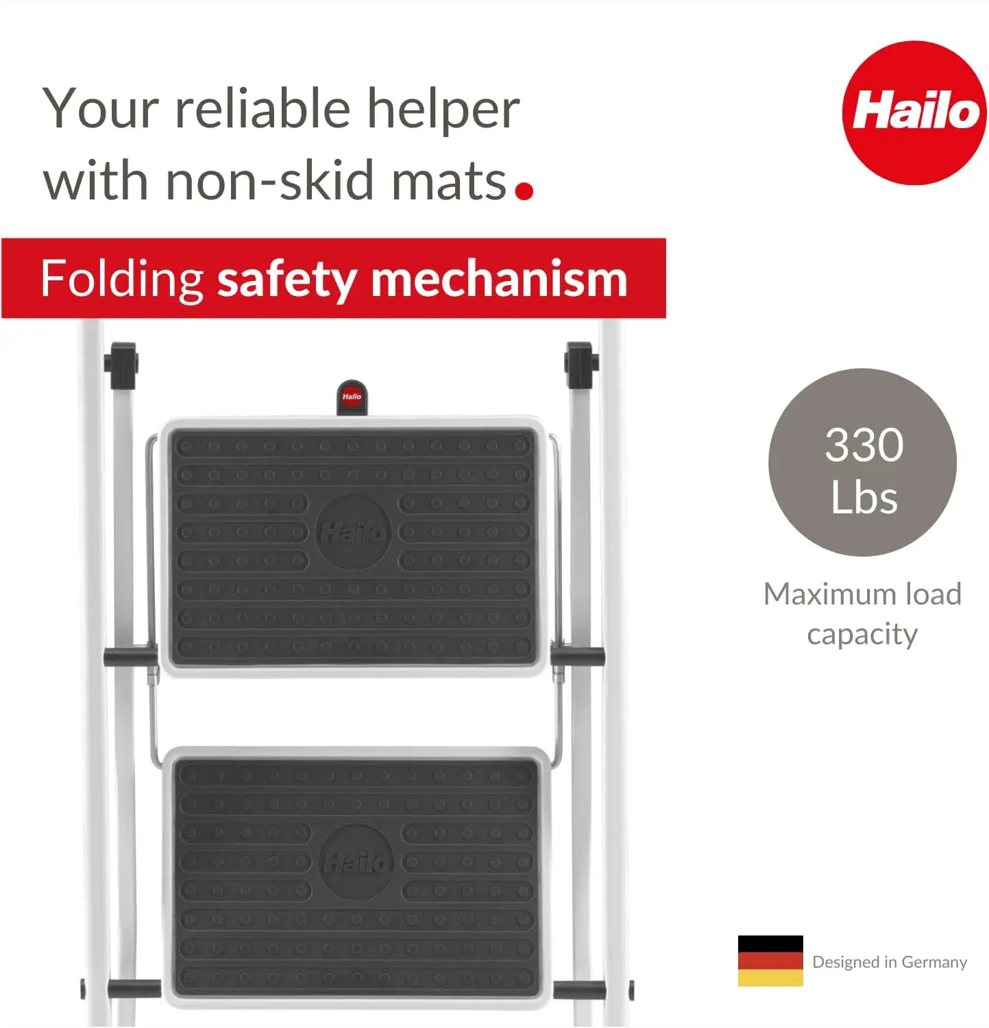 Steel Folding Stepladder | Three Large Steps with Non-Skid mats | High Curved Safety bar and Storage Tray | Folding