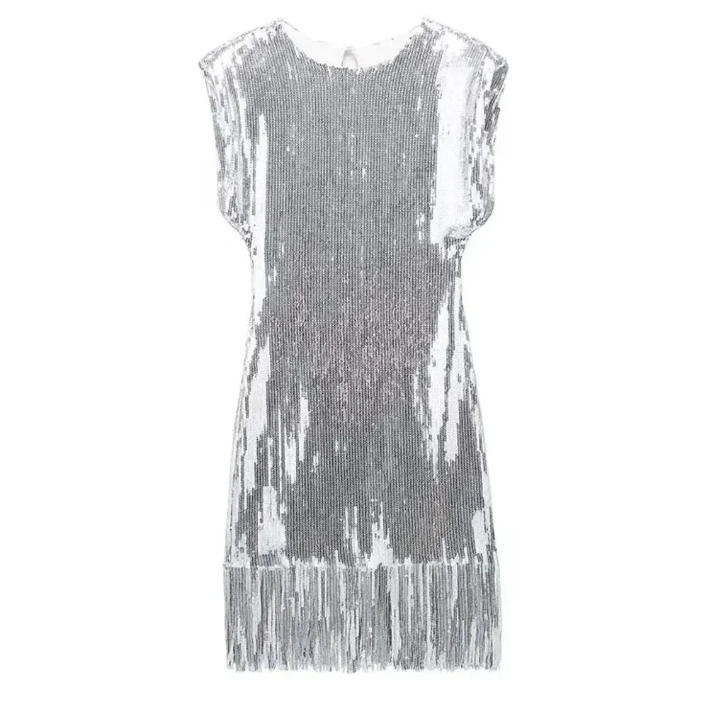 

Fashion Sexy Women Elegant Sequin Tassel Short Dress Slim Round Neck Sleeveless Mini Dresses Lady Party Vestido