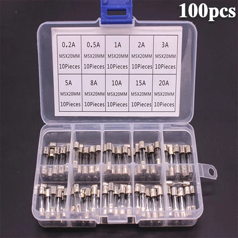 Glass fuse kit 100 PCS fast blown glass fuse combination kit 5x20 mm 250 V 0.1-20 A in clear plastic box