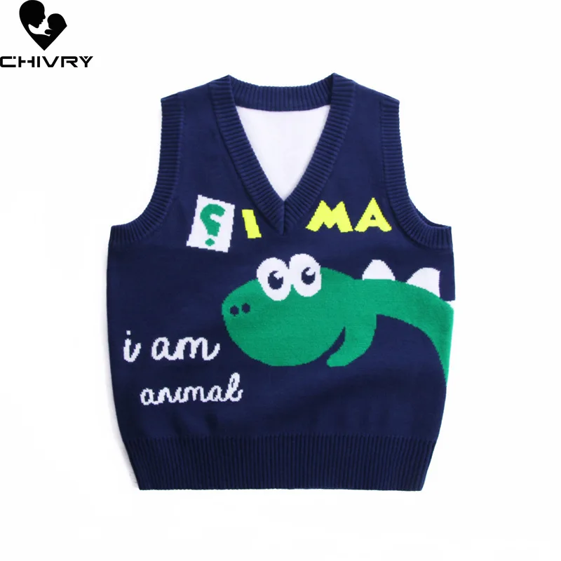 New Baby Autumn Winter Knitted Pullover Sweater Vest Kids Boys Girl Cartoon Dinosaur Vneck
