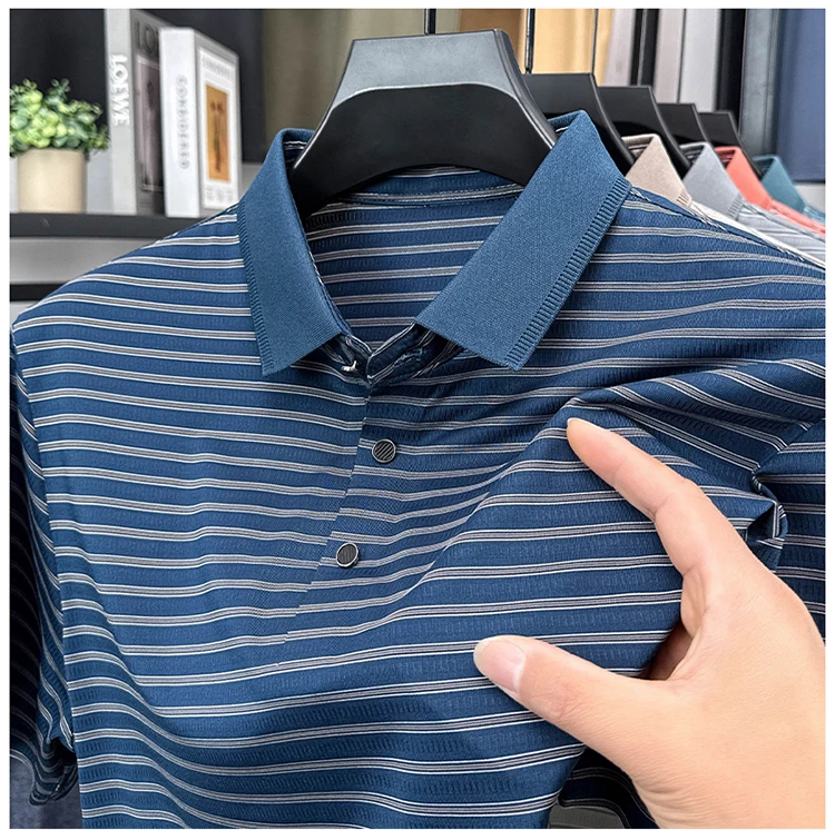 High Quality Summer Men's Business Casual Short Sleeve Comfortable Stripe Lapel Fashion Polo Short Sleeve No Trace T-shirt Top 25 S134806b97403450eb7a03e065a204603d