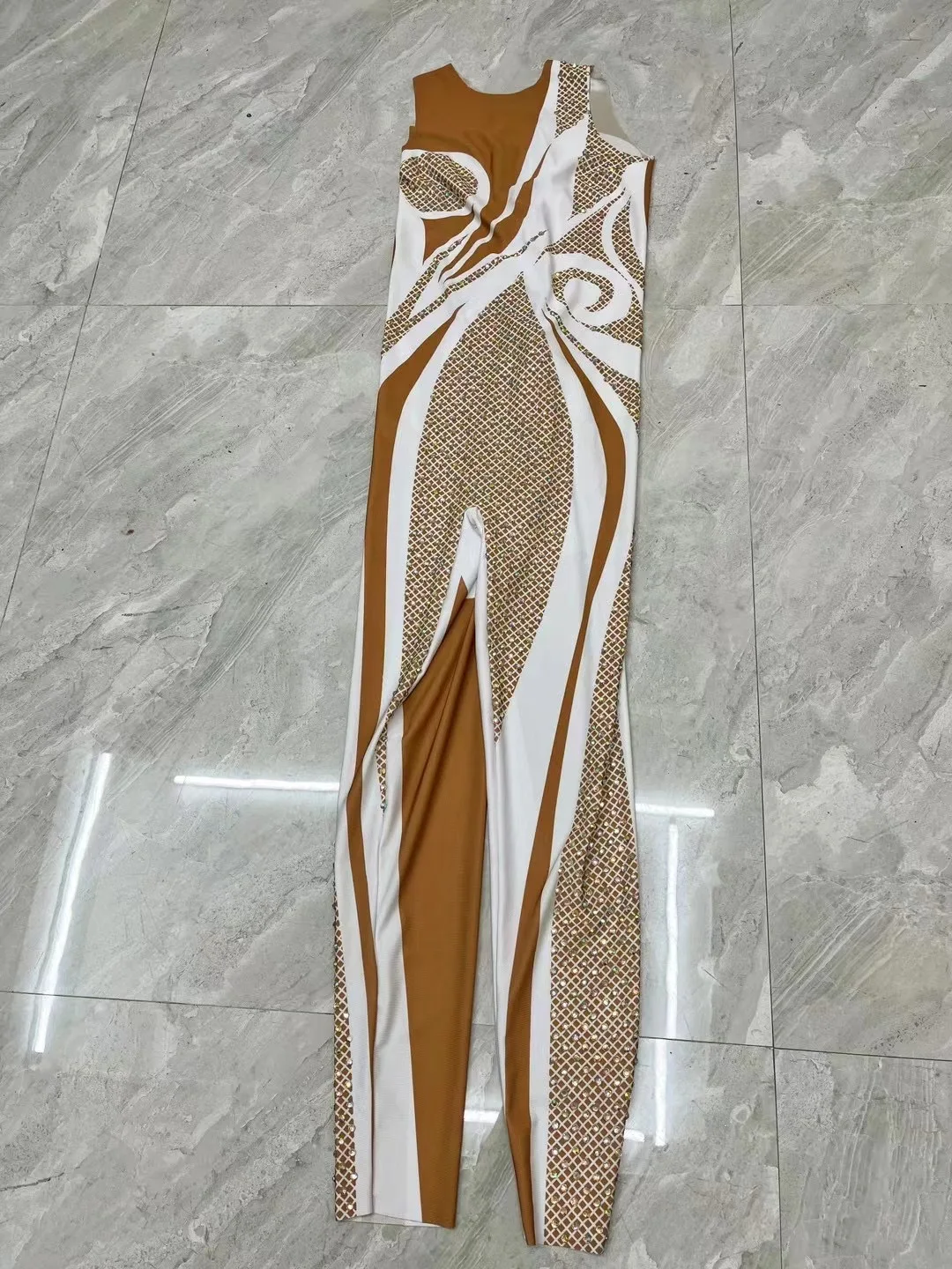 Women High Street Sparkly AB Crystals White Printed Jumpsuit Nightclub Birthday Party Stage Performance Dance Rompers Outfit 6