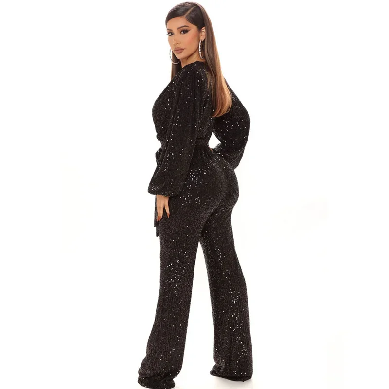 Women Glitter Sequins Splice Jumpsuit Fashion High Waist Lace-up Lantern Sleeves Deep V Neck Rompers Female Commuter Party Wear
