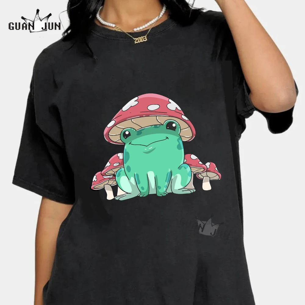 

100% Cotton Unisex T Shirt 2022 New Summer Short Sleeve T-shirts Female Clothing Frog Mushroom Kawaii Anime Harajuku Tops Tees