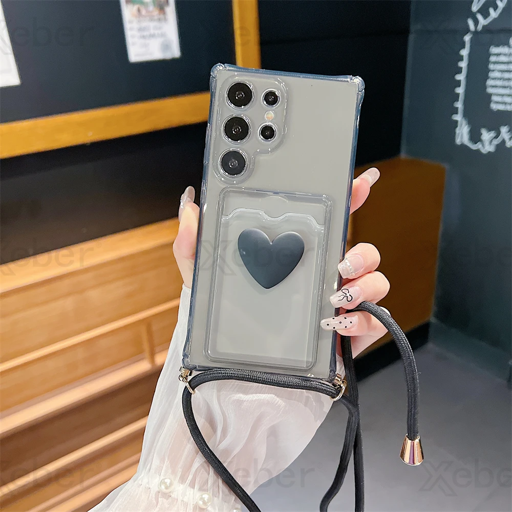 Elegant Crossbody Necklace Strap with Love Heart Card Holder Wallet Case