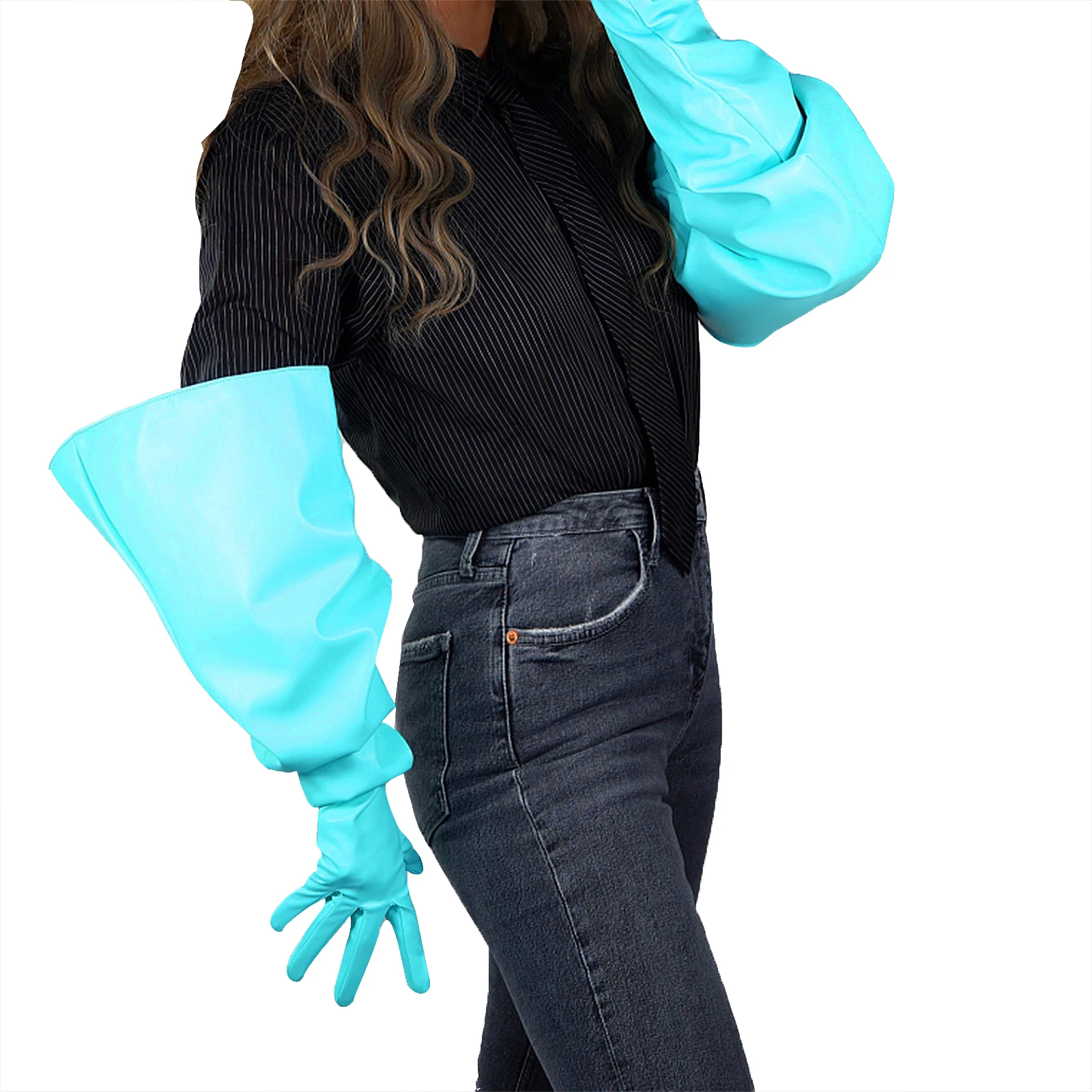 

DooWay Unisex Long Leather Christmas Dressing GLOVES Large Puff Sleeves Big Faux PU Aqua Blue Mint Green Fashion Evening Glove