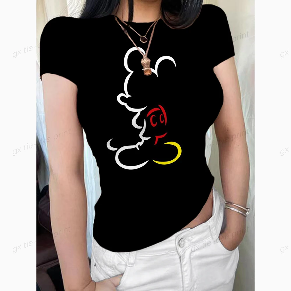 

Fashion Disney Mickey Mouse Print Women T-Shirts Short Sleeve Summer Casual Tops Street Skinny Tee Lady O-Neck Tie-dye T-Shirts