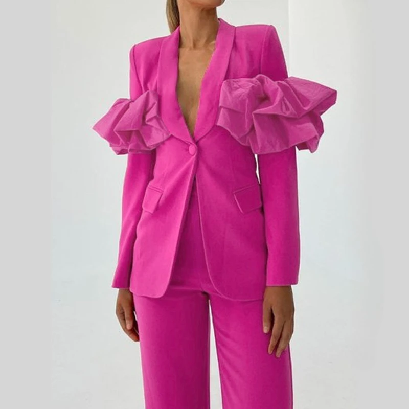Stylish Two Piece Set Women Ruffle Folds Long Sleeve Blazer Wide Leg ...