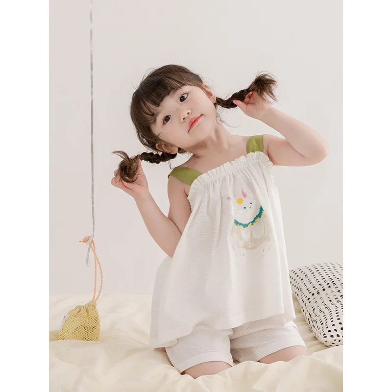 

2024 Summer Kids Girls Sleepwears Cotton Cartoon Strappy Printed Tops Solid Loose Soft Shorts Suit Children Baby Girls Pajamas