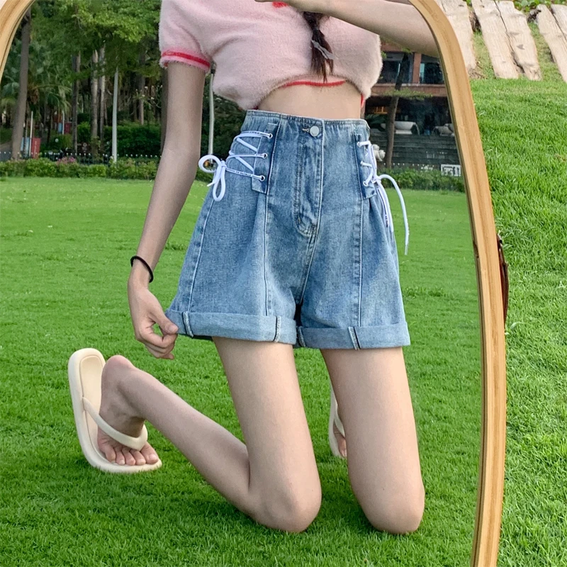 Denim shorts women's blue summer commuting oversized women's clothing fat straps wide legs high waist thin curly hem flower bud