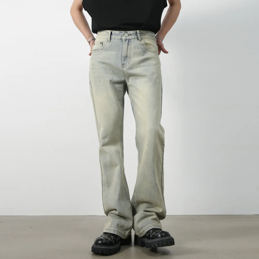 Male Japan Korea Style Vintage Denim Trousers Pant Men High Street Hip Hop Casual Hole Small Flare Jeans Pant 4