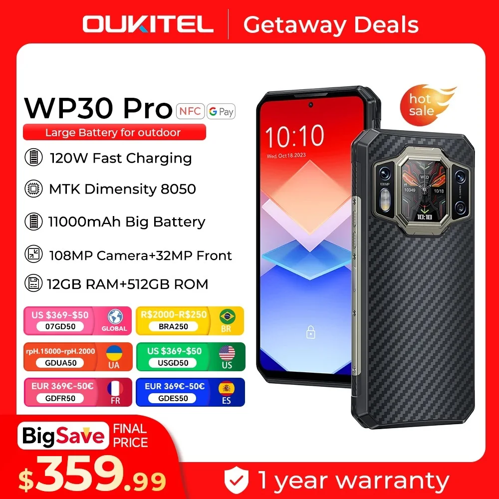 Oukitel WP30 프로 120W 5G 견고한 스마트폰, 안드로이드 13, 12GB + 512GB, 11000 mAh, 6.78 인치 FHD + 휴대폰, 108MP, 글로벌
