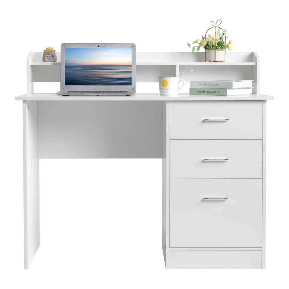 White Wood Grain Computer Desk with Three Drawers