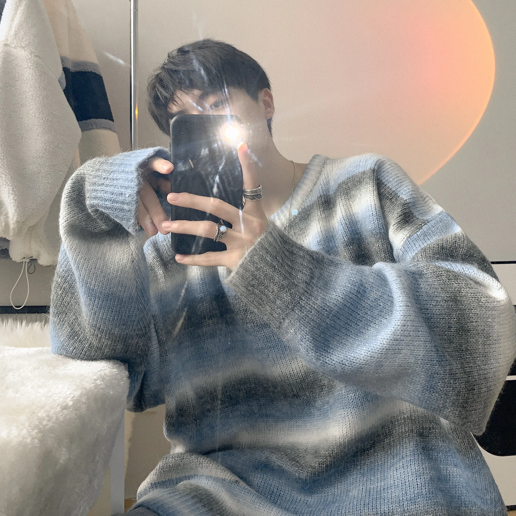 Pullover Gradient Striped Sweater Men's Round Neck Loose Casual Design Bottoming Shirt Winter Inner Wear Thickened Knitting Coat