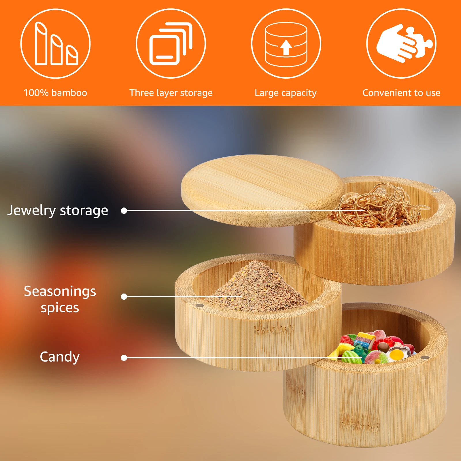 Yuemsh 1 Set Scatola per Condimenti con Coperchio Girevole Saliera in bambù 2 Scomparti Ciotole per Sale e Color Legno con Coperchio e Cucchiaio