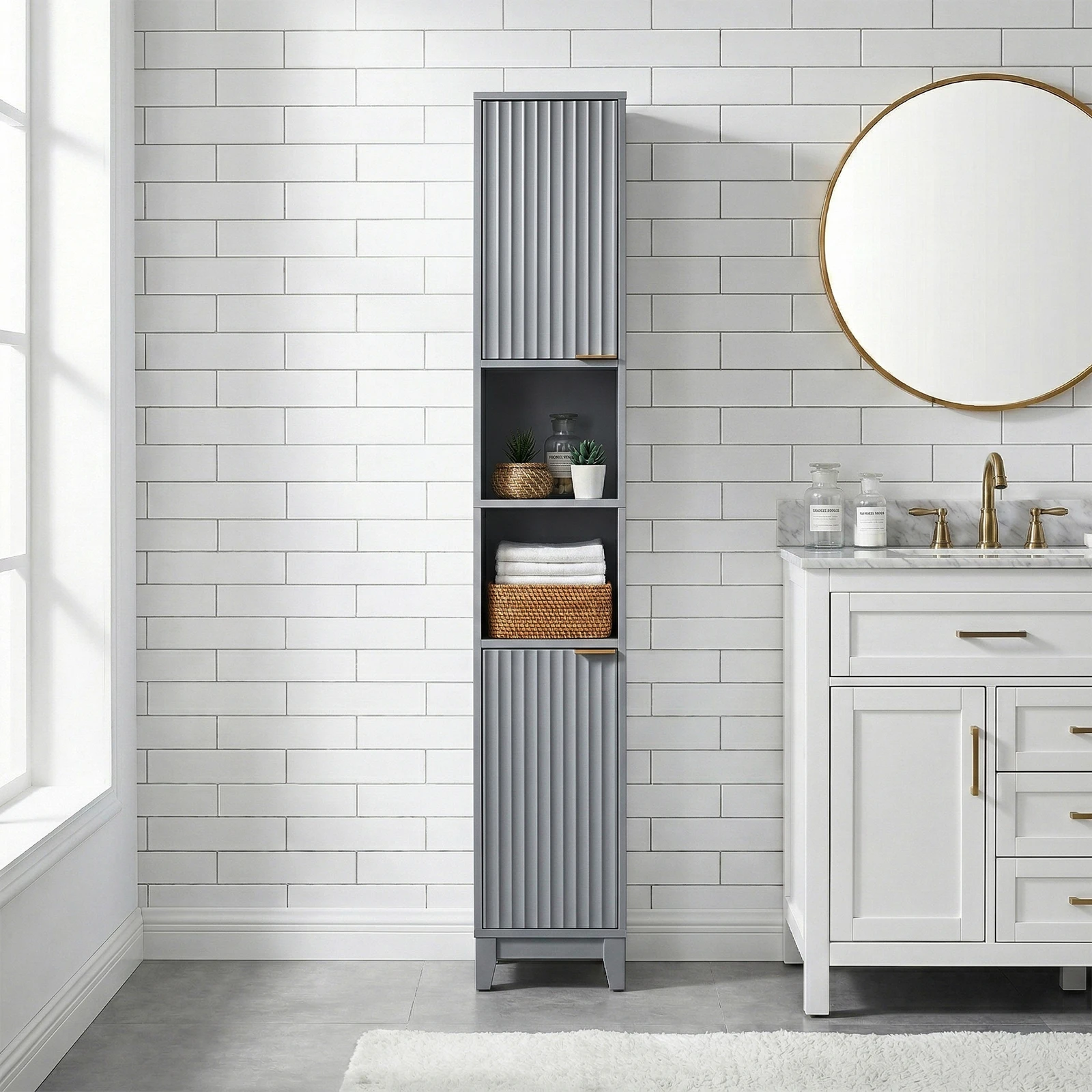 Gray, Particleboard Triamine Veneer + MDF Grille Blister 30 * 28 * 170cm Two Doors Two Shelves, Bathroom Cabinet