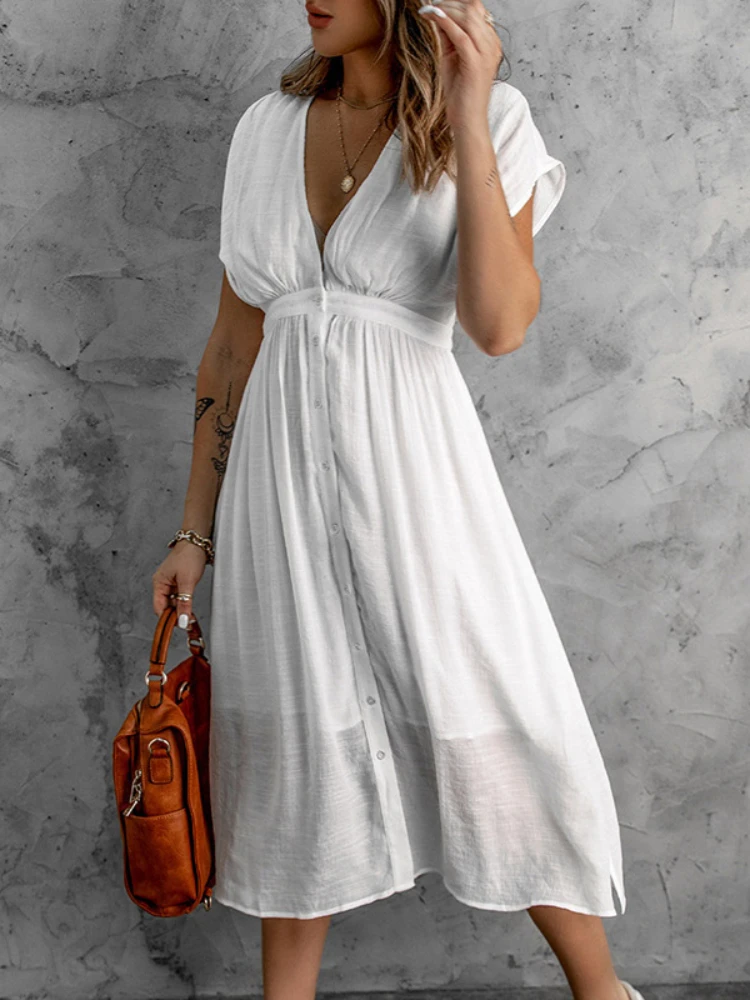 

2023 Spring Summer Dresses for Women 2023 New Fashion Solid V-neck Loose Fitting Short Sleeved Single Breasted Mid Length Top
