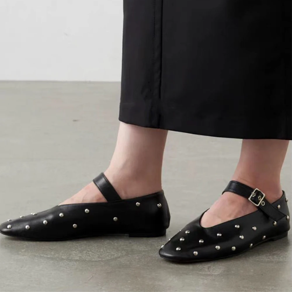 

Leehmzay Size 34-43 Rivets Ballet Flats Shoes For Women Soft Leather Mary Jane Ballerinas Buckle Strap Spring Summer Fashion