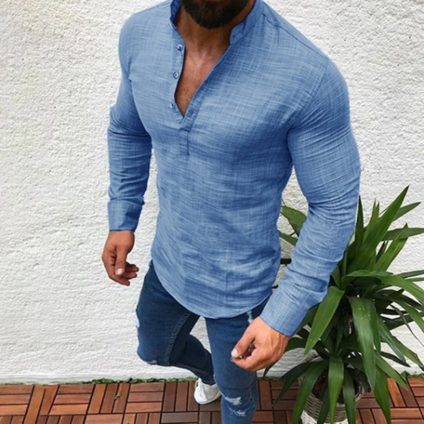 

New Autumn Men Casual Linen Shirt Solid Color Turn-Down Collar Long Sleeve Gentleman Fitness Shirts Stylish Men Shirt Clothes