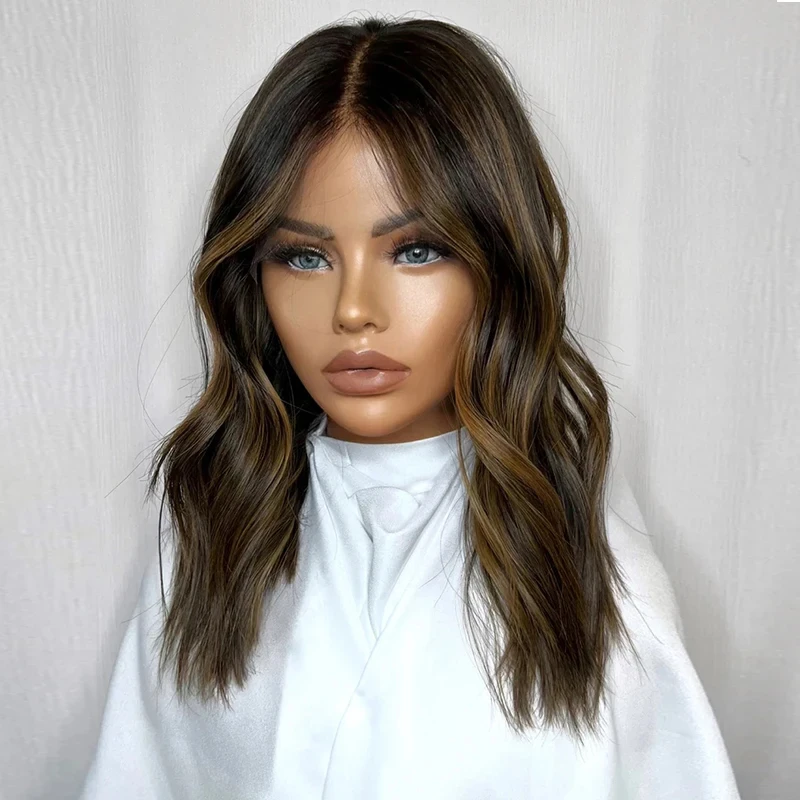 Natural Women"s Wig Dark Brunette Highlight Lace Front Wigs Synthetic Hair Chocolate Ash Brown Lace Wigs Heat Resistant Fiber