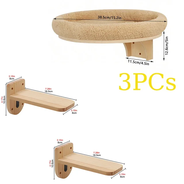 Wall-Mounted Wooden Cat Climbing Tree with Hammock & Scratching Post 11