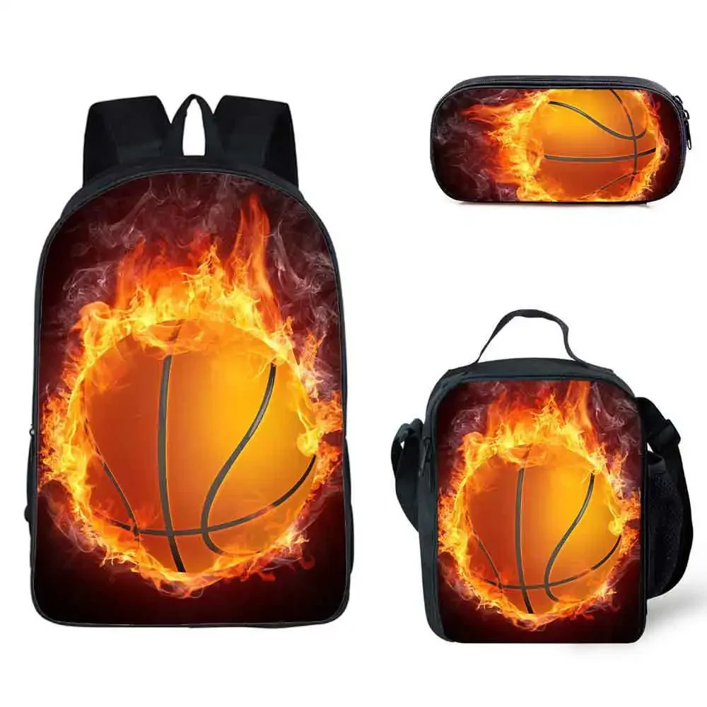 

Cartoon Funny Fire Basketball 3pcs/Set Backpack Print School Student Bookbag Teenager Boys Girls Daypack Lunch Bag Pencil Case