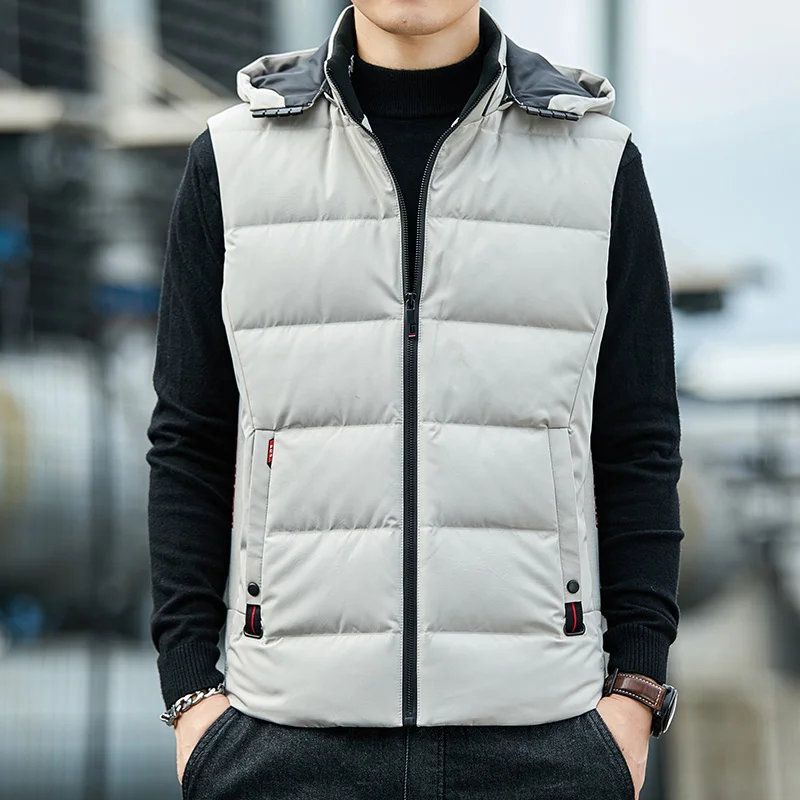 Warm Duck Down Vest Hooded Detachable Men Stand Collar Windproof Jacket Fashion Simple New Causal Thermal Sleeveless Zipper Coat
