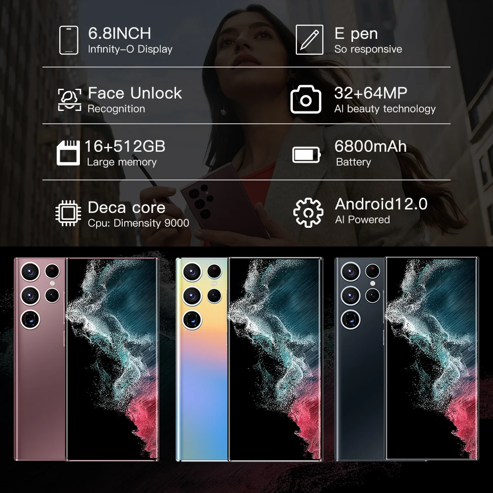 Smartphone S22 Ultra 4g 5g Celular 6.8 Polegada 6800mah Android 12.0 Versão Global 16gb 512gb Telefone Móvel da Mão da Pilha Inteligente 2 Computers & Electronics